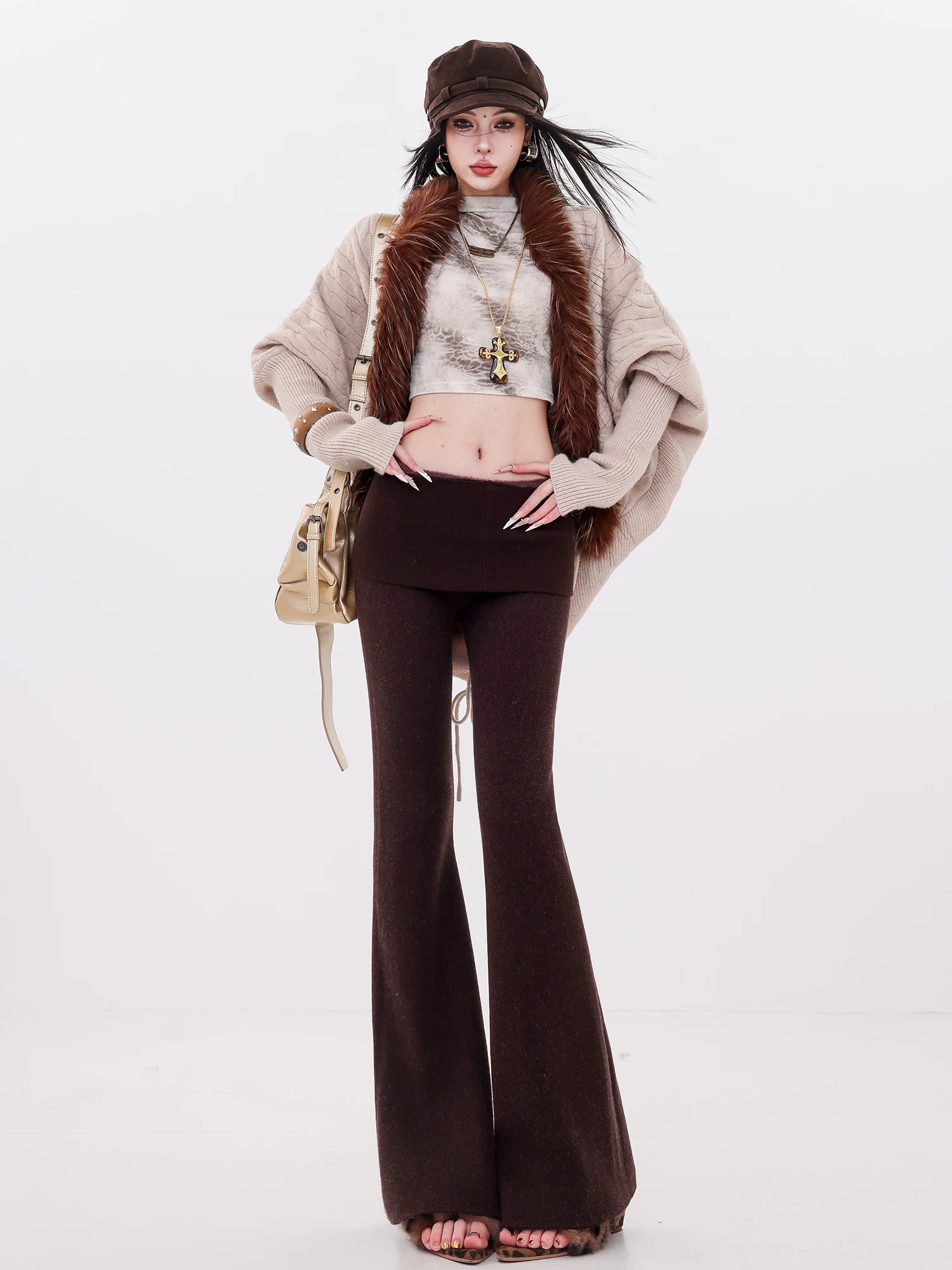 ABWLR Relaxed Fit - Quần ống loe dày lót lông cừu kiểu Melard nguyên bản dành cho nữ, quần ống loe cạp cao ôm dáng mùa thu đông