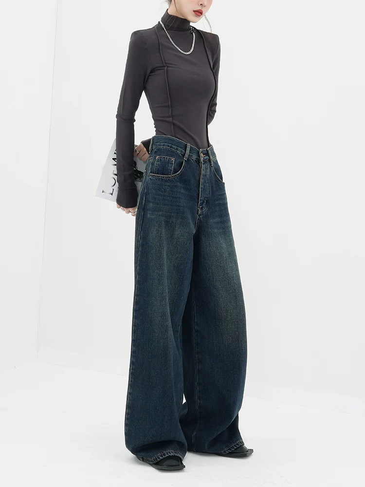 Quần jeans ống rộng dáng thẳng lót nhung tối màu phong cách retro thu đông ABWEAR dành cho nữ 2025, kiểu dáng mới, rộng rãi, dài chấm đất