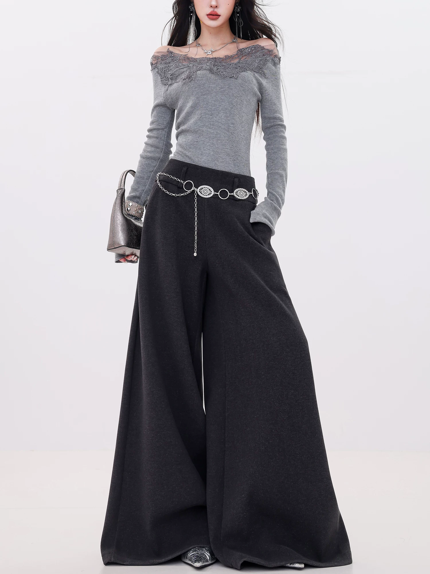 ABWLR Fashionable Advanced Edition - Quần ống rộng dày lót lông cừu nguyên bản dành cho nữ, lưng cao, xếp nếp, dáng rộng, thon gọn, quần dài đến sàn