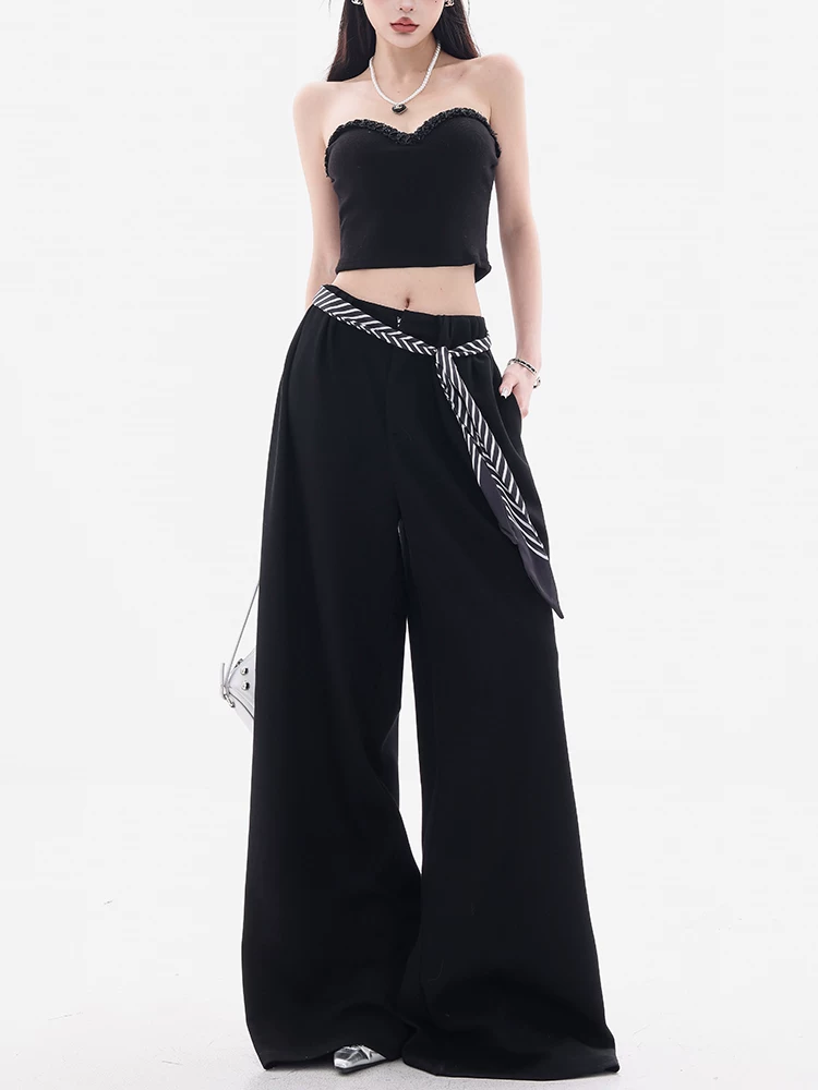 ABWEAR Set Art - Quần đen dáng rộng, phong cách thường ngày dành cho nữ, mẫu mới 2025, quần ống rộng thẳng, chất liệu như gạo nếp