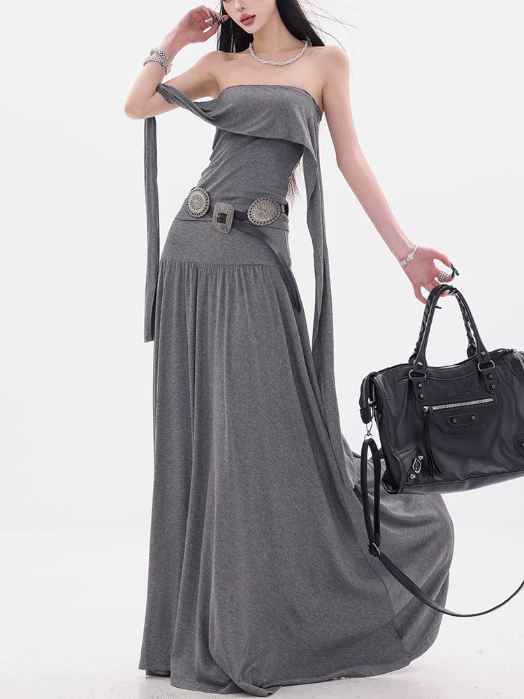 ABWEAR Holiday Chanson - Bộ áo thun dài tay trễ vai phong cách lười biếng nguyên bản và váy dài hai mảnh dành cho nữ