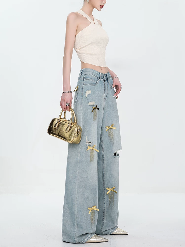 ABWEAR Quần jean ống rộng rách thiết kế nơ cổ điển kiểu Mỹ dành cho nữ, quần ống rộng dài đến sàn mùa hè