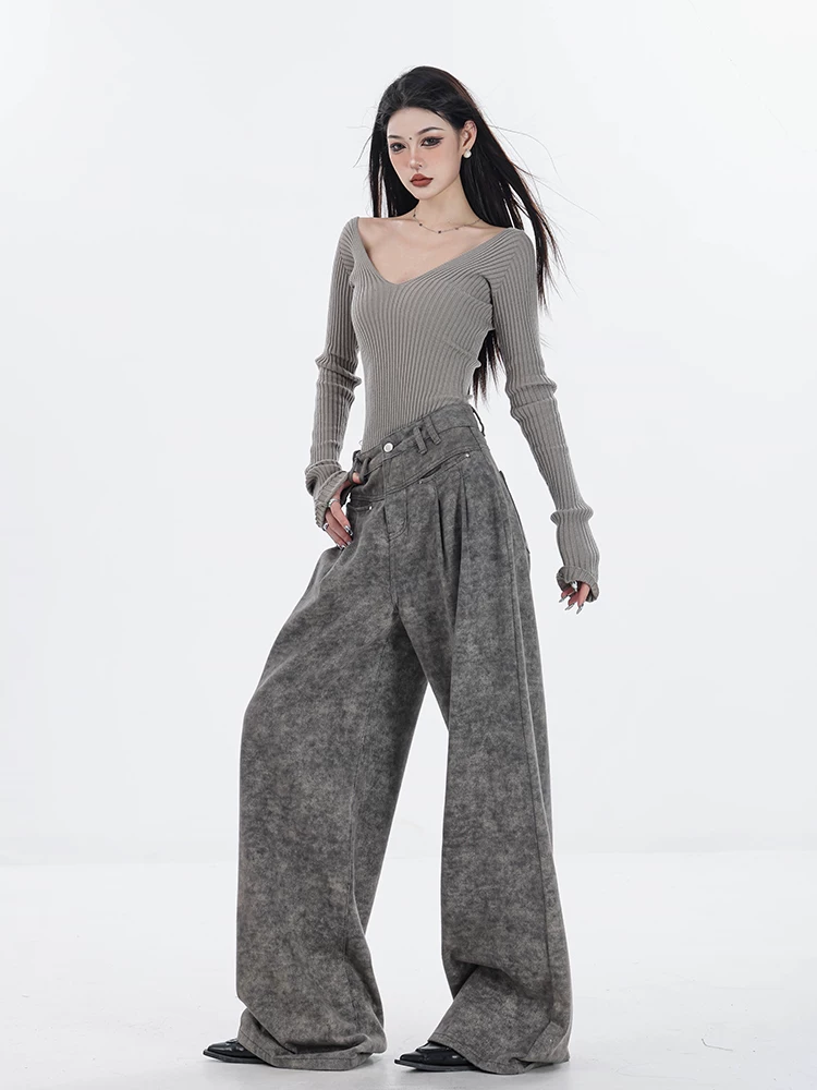 Quần jeans ống rộng lót lông màu xám mới Thu/Đông 2025 của ABWEAR dành cho nữ, kiểu dáng xuông rộng, cạp cao, phong cách thường ngày
