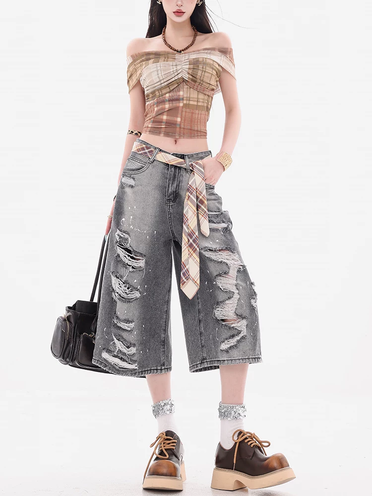 Dự án chụp ảnh đường phố ABWEAR - Quần short denim cũ màu xám tro nguyên bản dành cho nữ, thiết kế rộng rãi, quần dài vừa phải