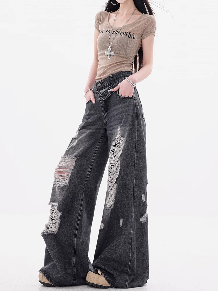 ABWEAR Sydney Coast - Quần jean rách có viền thêu đôi theo phong cách cổ điển của Mỹ dành cho nữ, quần ống rộng dáng rộng