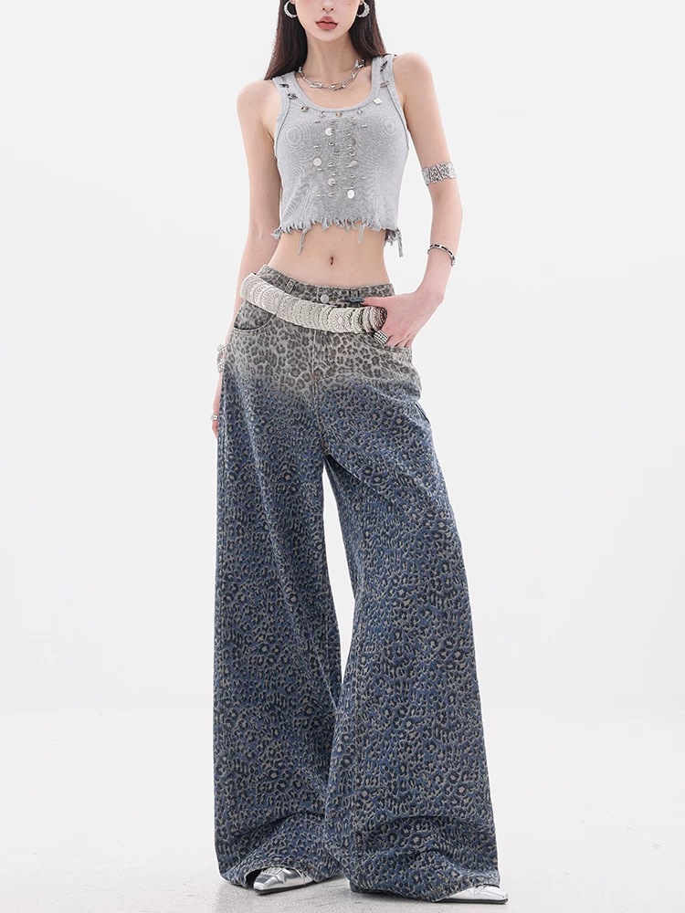ABWEAR Họa Tiết Da Báo Jungle-Original Retro gradient Sequin Quần Jean Họa Tiết Da Báo Nữ Mùa Hè Quần Ống Rộng