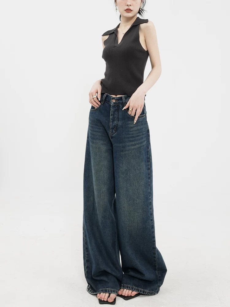 Quần jeans ống rộng dáng thẳng lót nhung tối màu phong cách retro thu đông ABWEAR dành cho nữ 2025, kiểu dáng mới, rộng rãi, dài chấm đất