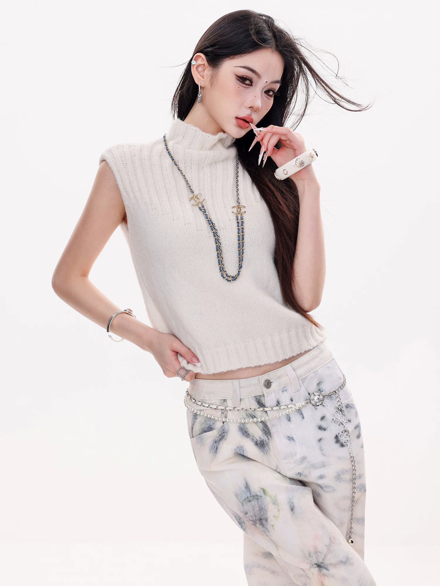 ABWLR phiên bản đặc biệt giản dị-áo vest dệt kim cổ lọ màu trắng nguyên bản dành cho nữ, áo không tay mùa thu mới, áo len co giãn
