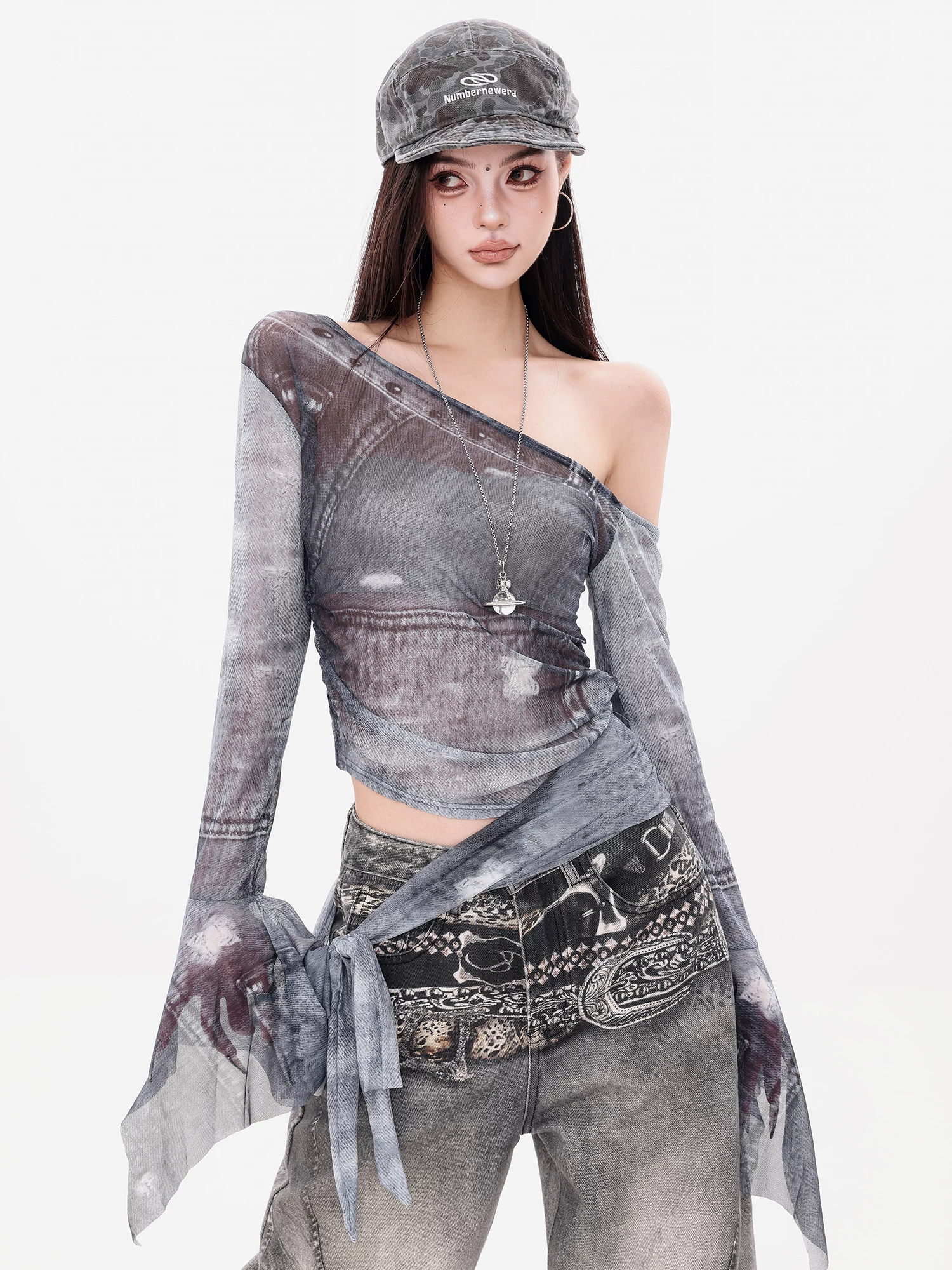 ABWLR Urban Illustrated - Áo thun lưới tay loe lệch vai phong cách hot girl nguyên bản dành cho nữ Thiết kế áo kiểu dáng ôm vừa vặn
