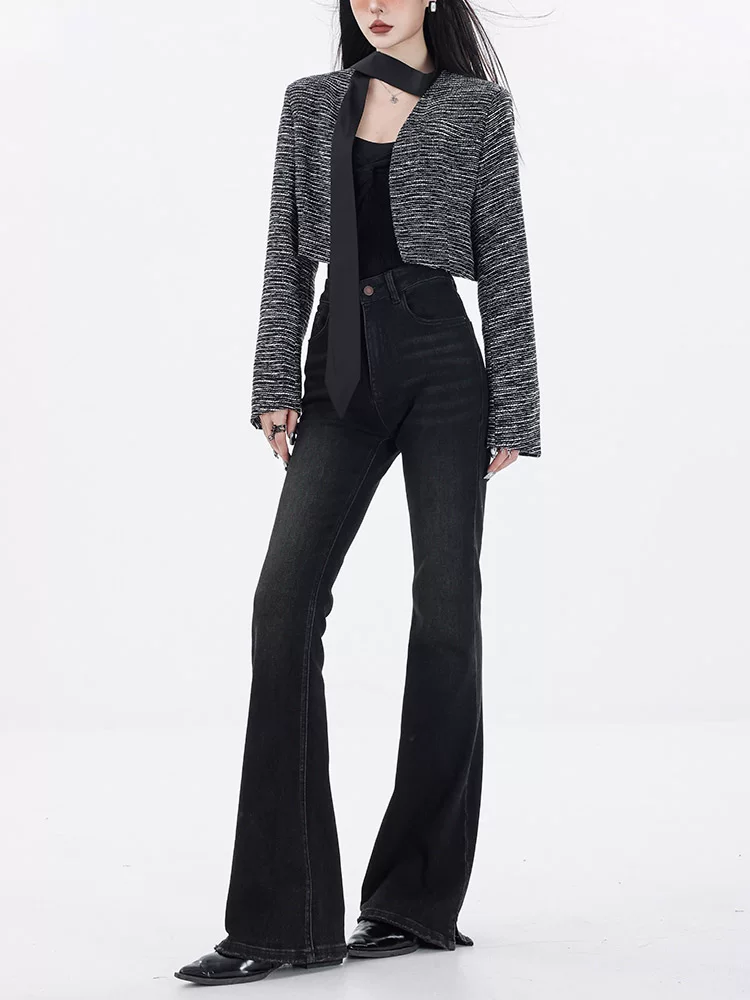 ABWEAR Những khoảnh khắc thoải mái - Quần denim đen cạp cao nguyên bản dành cho nữ, lót lông cừu, quần ống loe thon gọn, quần ống loe