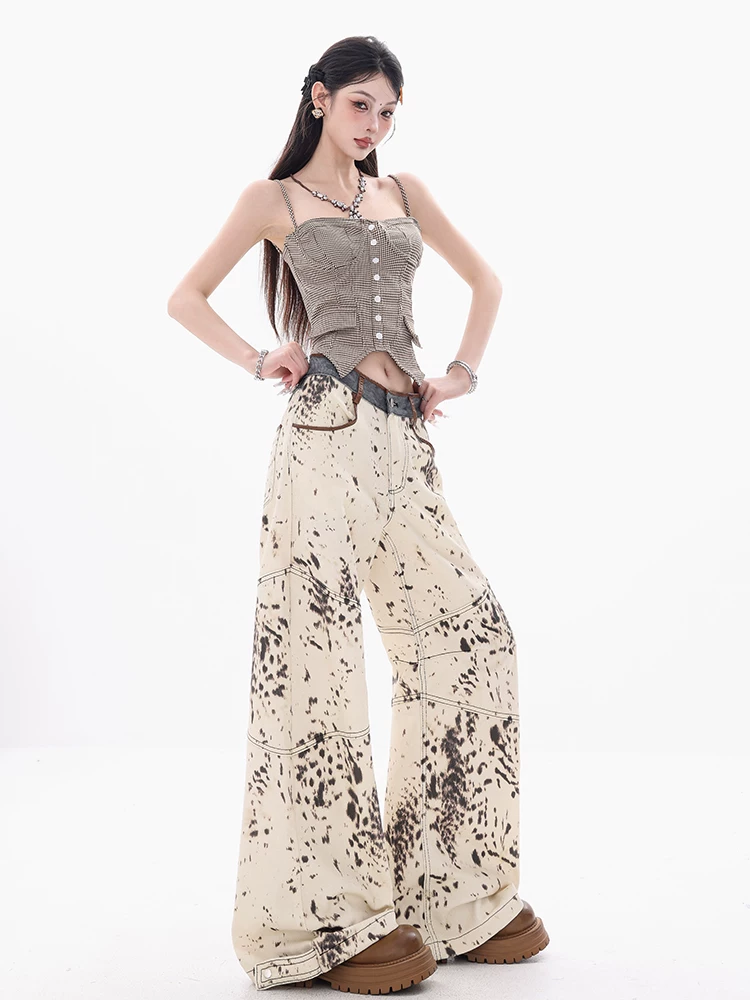 [Lễ hội quần áo] Quần denim in họa tiết da báo kiểu Mỹ nguyên bản của ABWEAR, cạp cao, dáng rộng, in họa tiết
