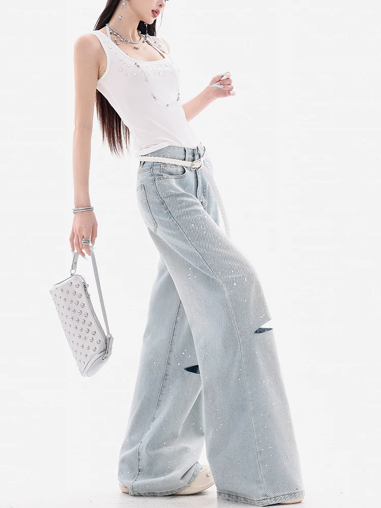 ABWEAR Ice Blue Summer - Quần jean rách đính đá màu xanh nhạt nguyên bản dành cho nữ, lưng cao, giảm béo, quần ống rộng rộng rãi
