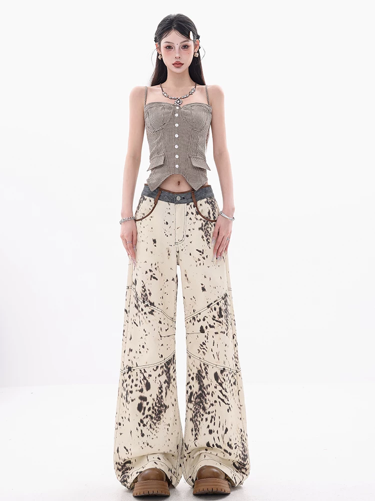 Quần jean ống rộng in họa tiết da báo phong cách Mỹ nguyên bản của ABWEAR dành cho nữ, quần dài ống thẳng dáng rộng mùa hè mới