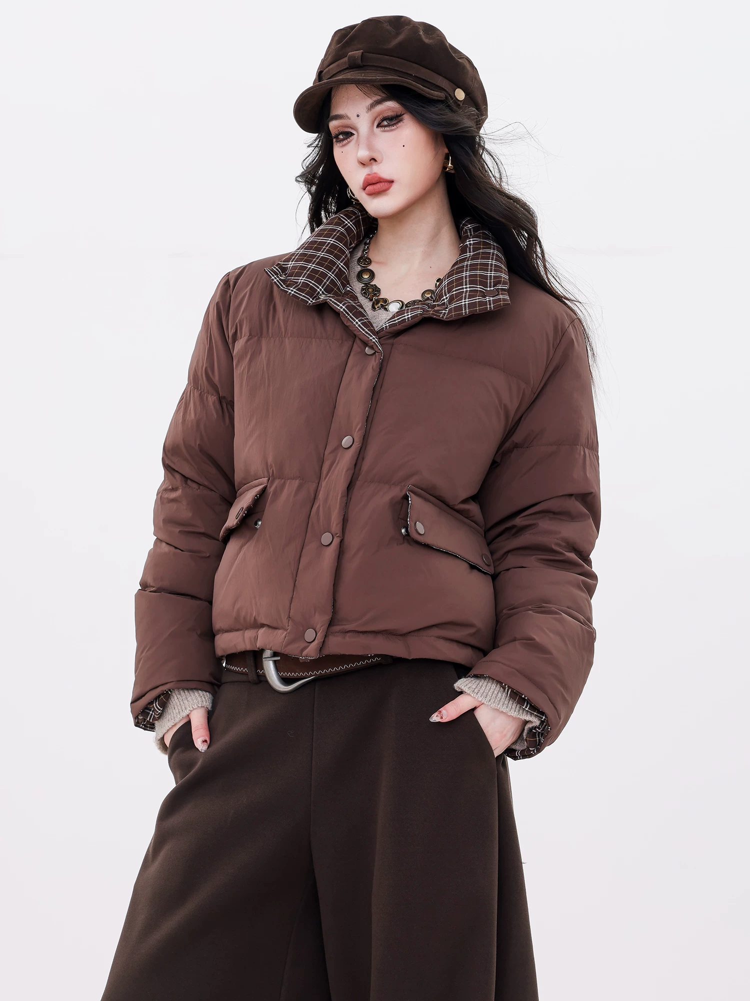 Áo khoác cotton ngắn chắp vá họa tiết kim cương hai mặt ABWLR dành cho nữ, áo khoác phao dày mùa đông, áo khoác ấm áp.