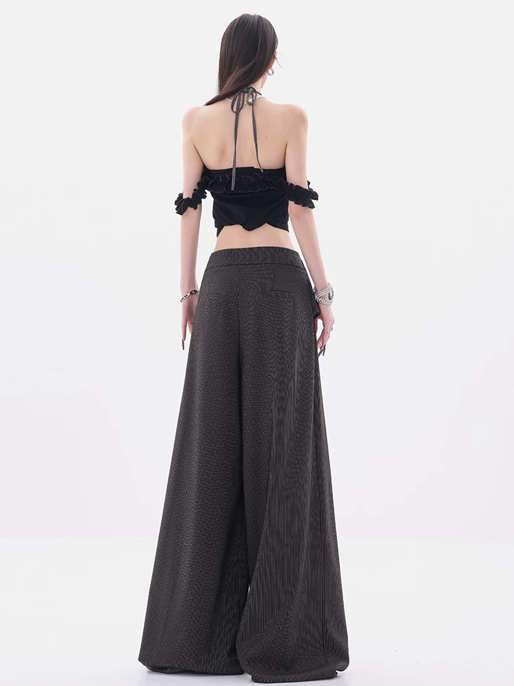 ABWEAR Urban Beauty - Quần dài giả hai mảnh sọc đen trắng nguyên bản có họa tiết chắp vá Quần ống rộng dáng rộng dành cho nữ