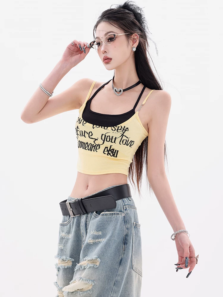 ABWEAR Summer Love - Áo ống hai dây kiểu Mỹ nguyên bản, áo vest giả hai mảnh, áo không tay ôm sát dành cho nữ