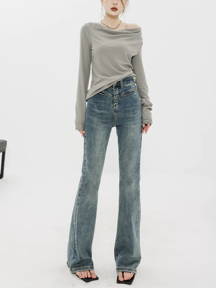 Quần jeans loe ABWEAR dành cho nữ, thu đông 2025, kiểu vintage, cạp cao, ôm dáng, dài, hơi loe.