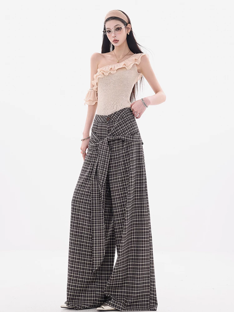 ABWEAR Đảo ngược phong cách Anh quốc - Thiết kế cà vạt kẻ sọc không đều kiểu Hàn Quốc nguyên bản Quần âu nữ Quần ống rộng