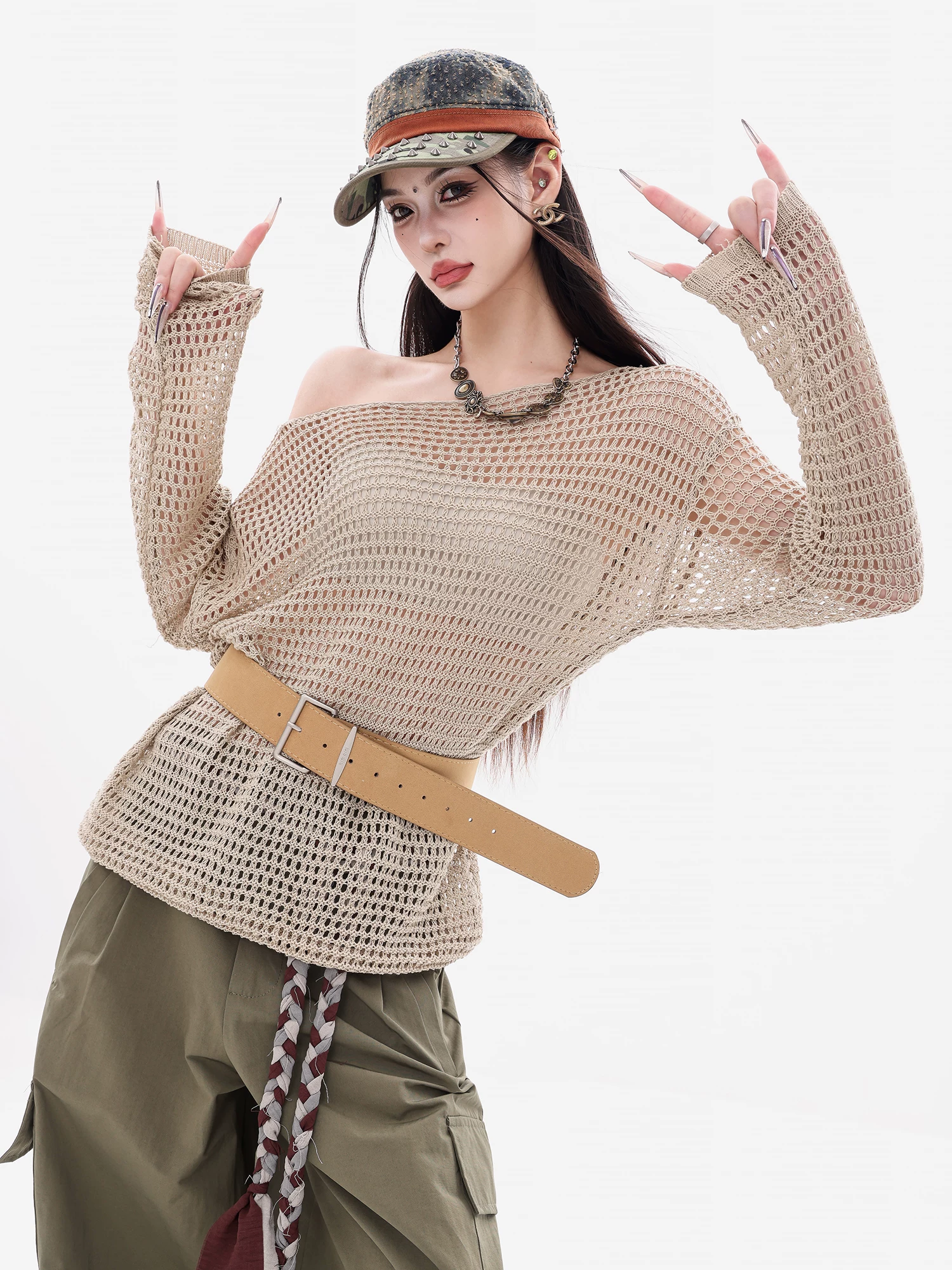 ABWEAR Oxygen Girl - Áo len dệt kim trễ vai phong cách lười biếng nguyên bản dành cho nữ, áo dáng rộng đa năng phong cách Hàn Quốc