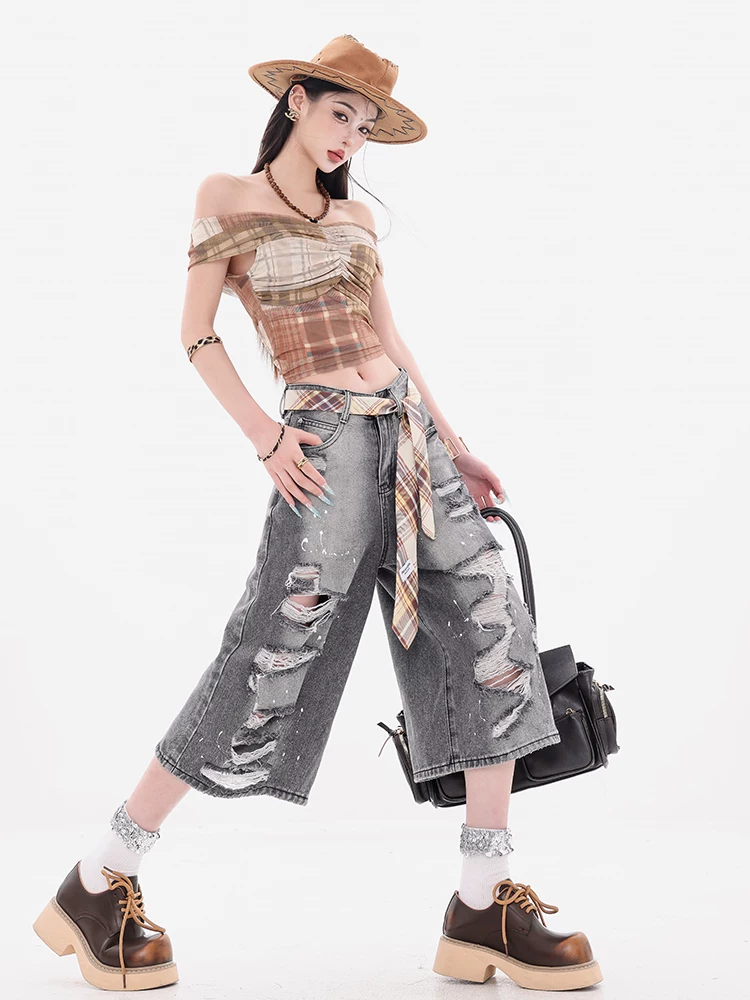 Dự án chụp ảnh đường phố ABWEAR - Quần short denim cũ màu xám tro nguyên bản dành cho nữ, thiết kế rộng rãi, quần dài vừa phải