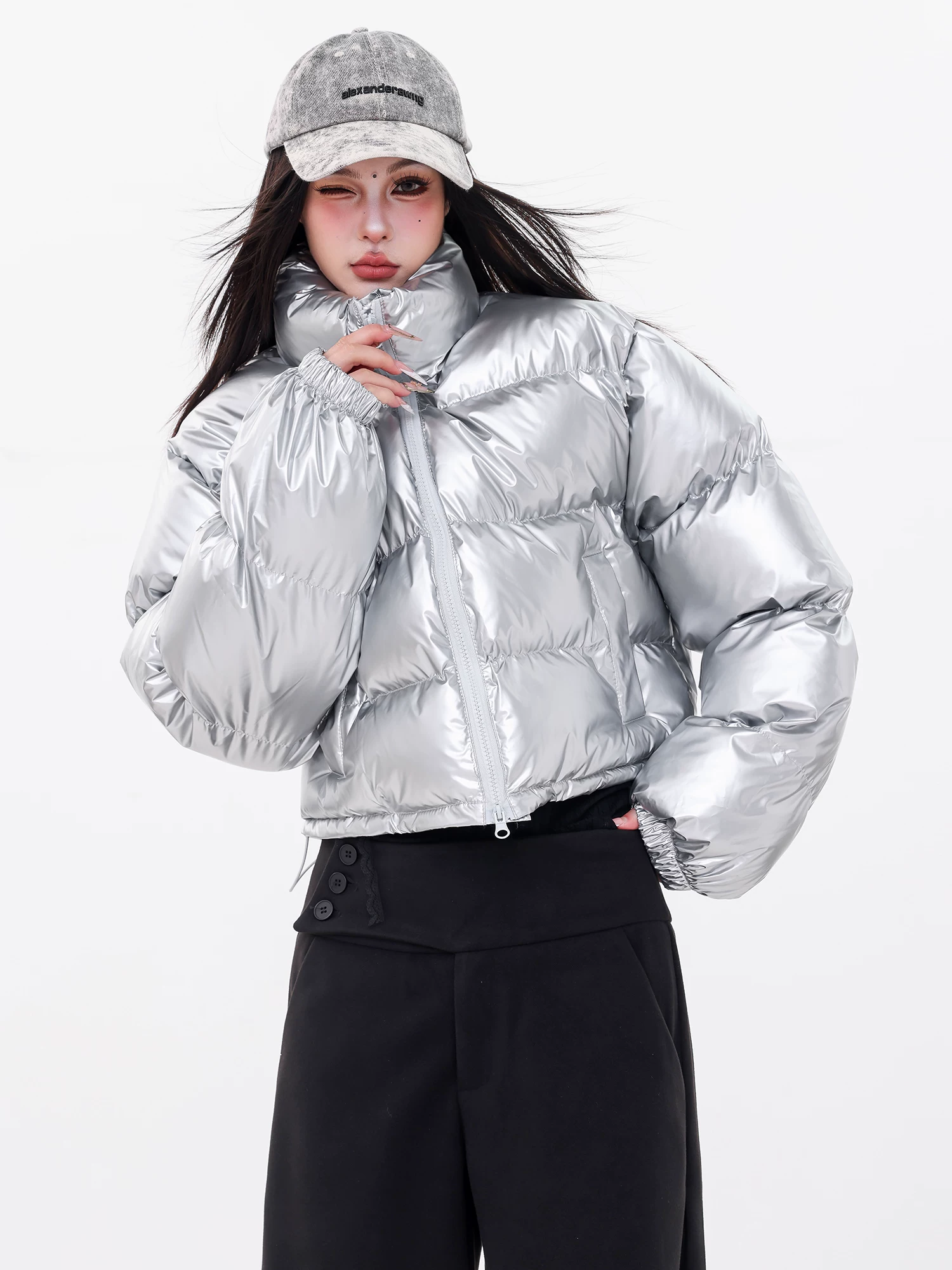 Áo khoác cotton ngắn phong cách kim loại hot girl ABWLR cổ đứng màu bạc dày dặn ấm áp áo khoác cao cấp