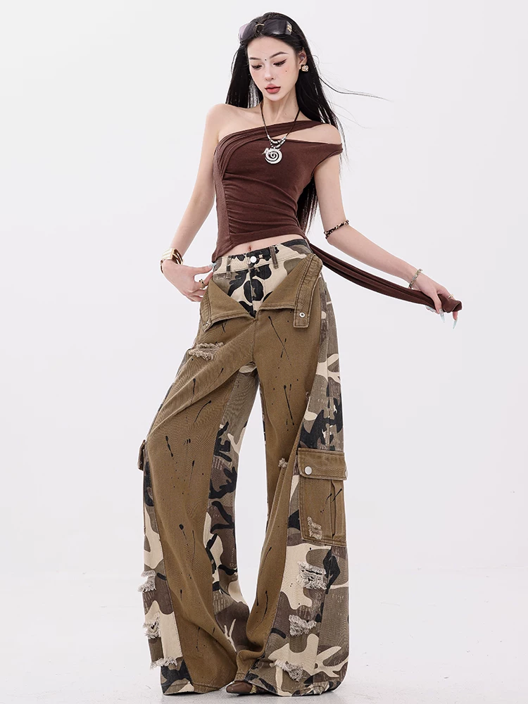 ABWEAR Fifth Street - Quần jean cargo phối họa tiết ngụy trang nguyên bản dành cho nữ, quần ống rộng dài ngang sàn giả hai mảnh