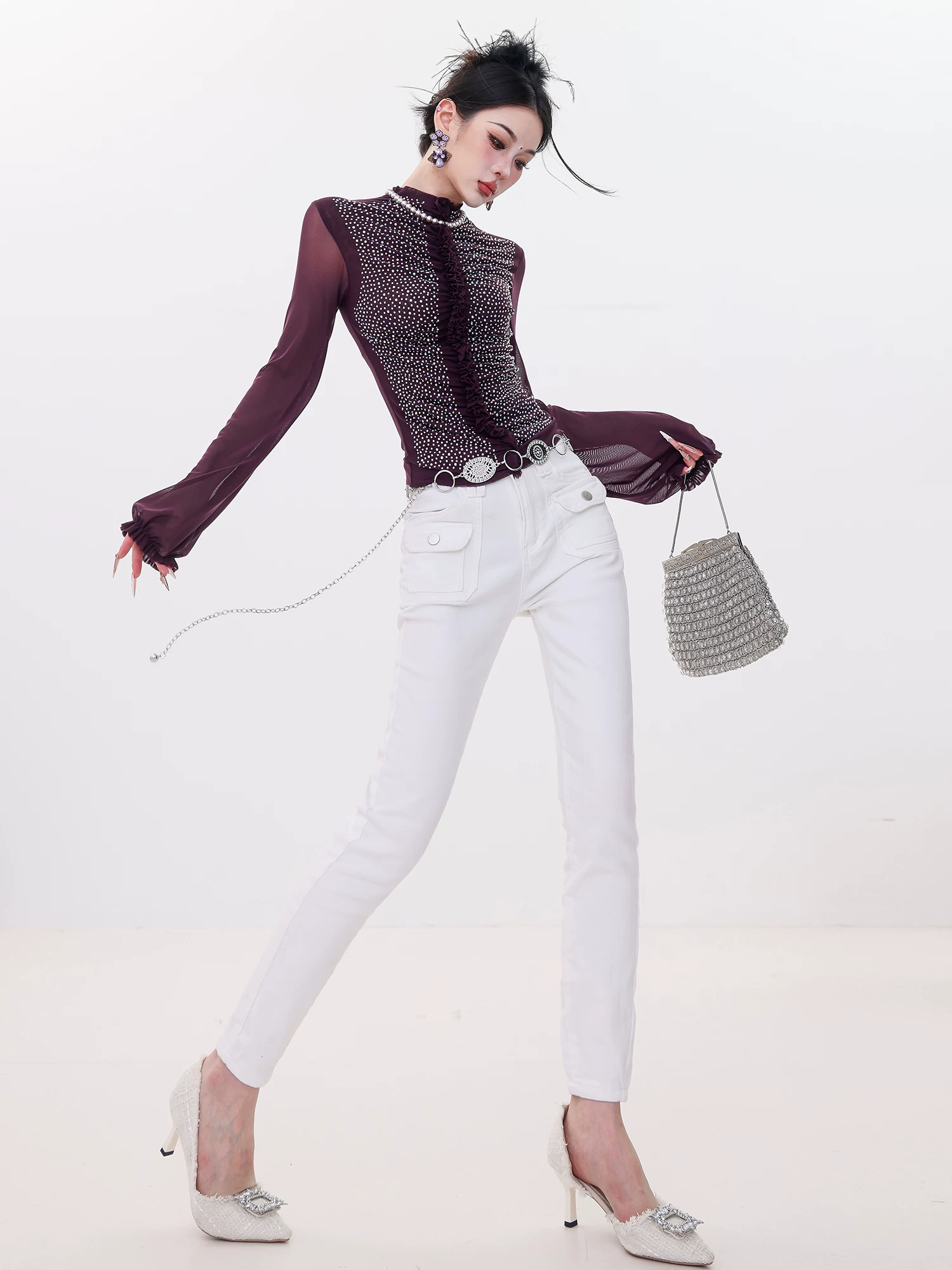 ABWLR Light Mature Style - Quần jean lót lông cừu màu trắng nguyên bản dành cho nữ, dài chín phần mười, ôm vừa vặn, quần baguette nhỏ nhắn