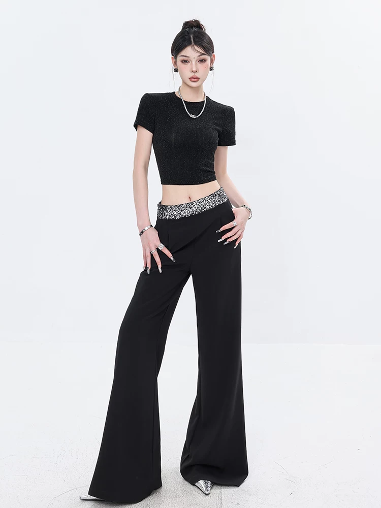 Quần dài xếp ly màu đen đính sequin ABWEAR dành cho nữ, quần ống rộng dáng rộng, lưng cao, dáng rộng, tôn dáng