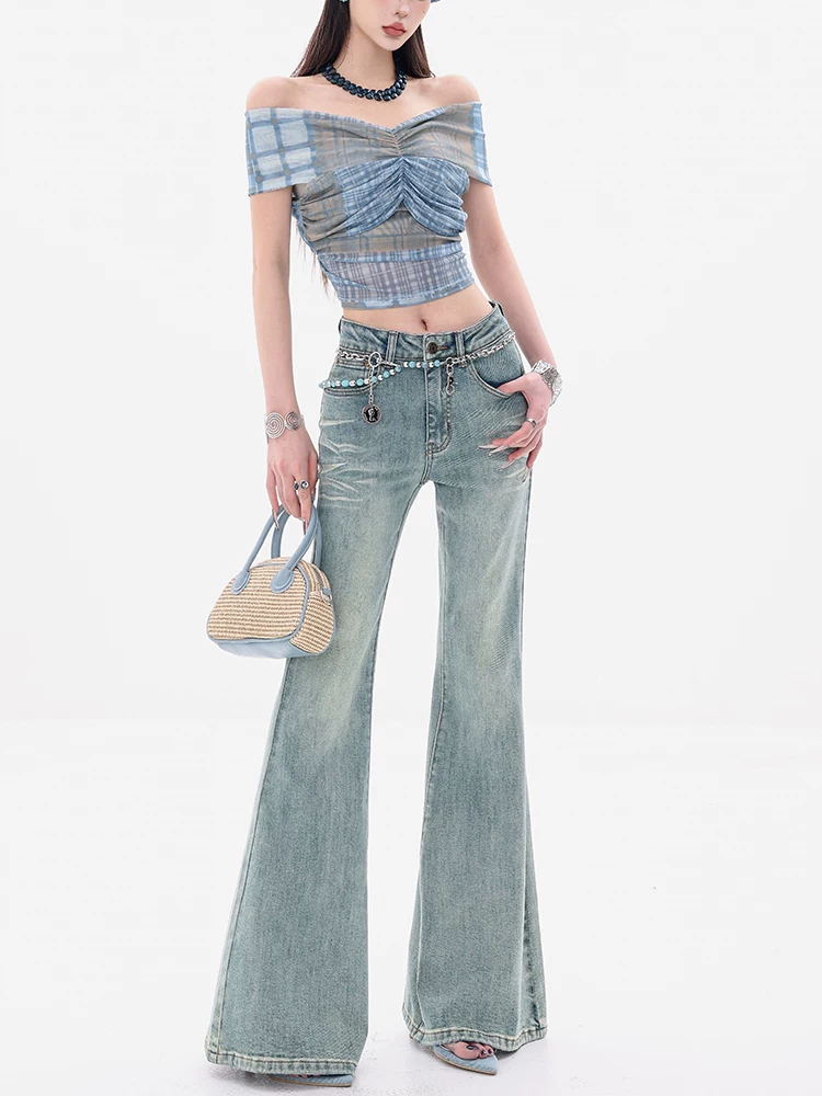 ABWEAR Blues Style - Quần jean ống loe eo thấp nguyên bản dành cho nữ, ôm vừa vặn, quần ống loe đa năng