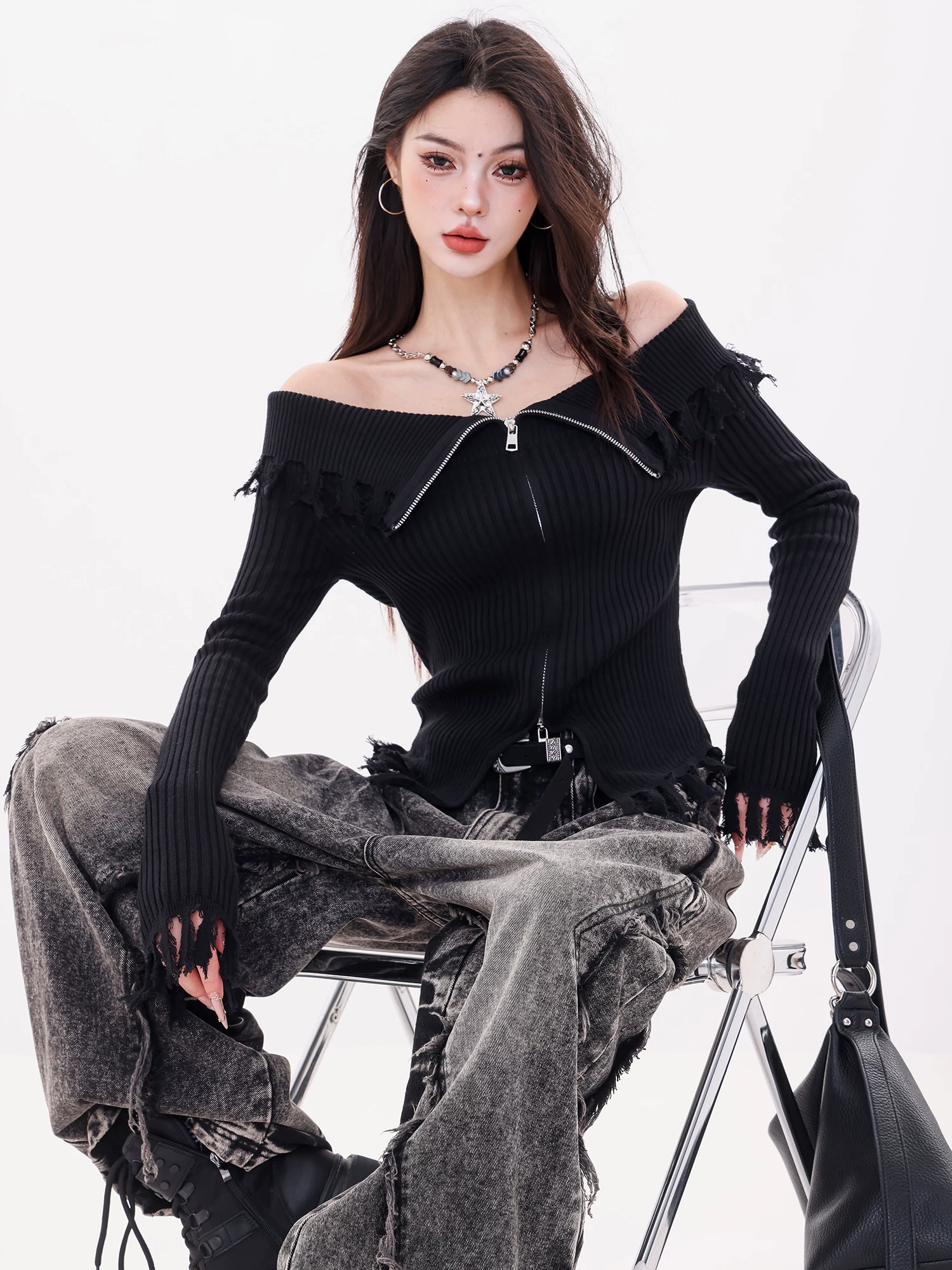 ABWLR Xidan Sand Dune-Original Hot Girl Style Áo len dài tay có cổ dành cho nữ mùa thu Áo có khóa kéo đôi Slim Fit