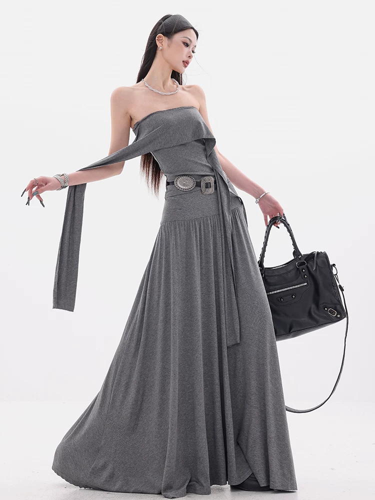 ABWEAR Holiday Chanson - Bộ áo thun dài tay trễ vai phong cách lười biếng nguyên bản và váy dài hai mảnh dành cho nữ