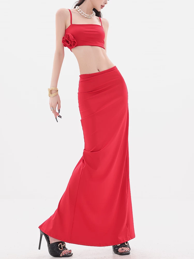 ABWEAR Flame Rose - Bộ hai mảnh gồm áo camisole thiết kế hoa độc đáo, váy dài ôm eo, ôm hông dành cho nữ