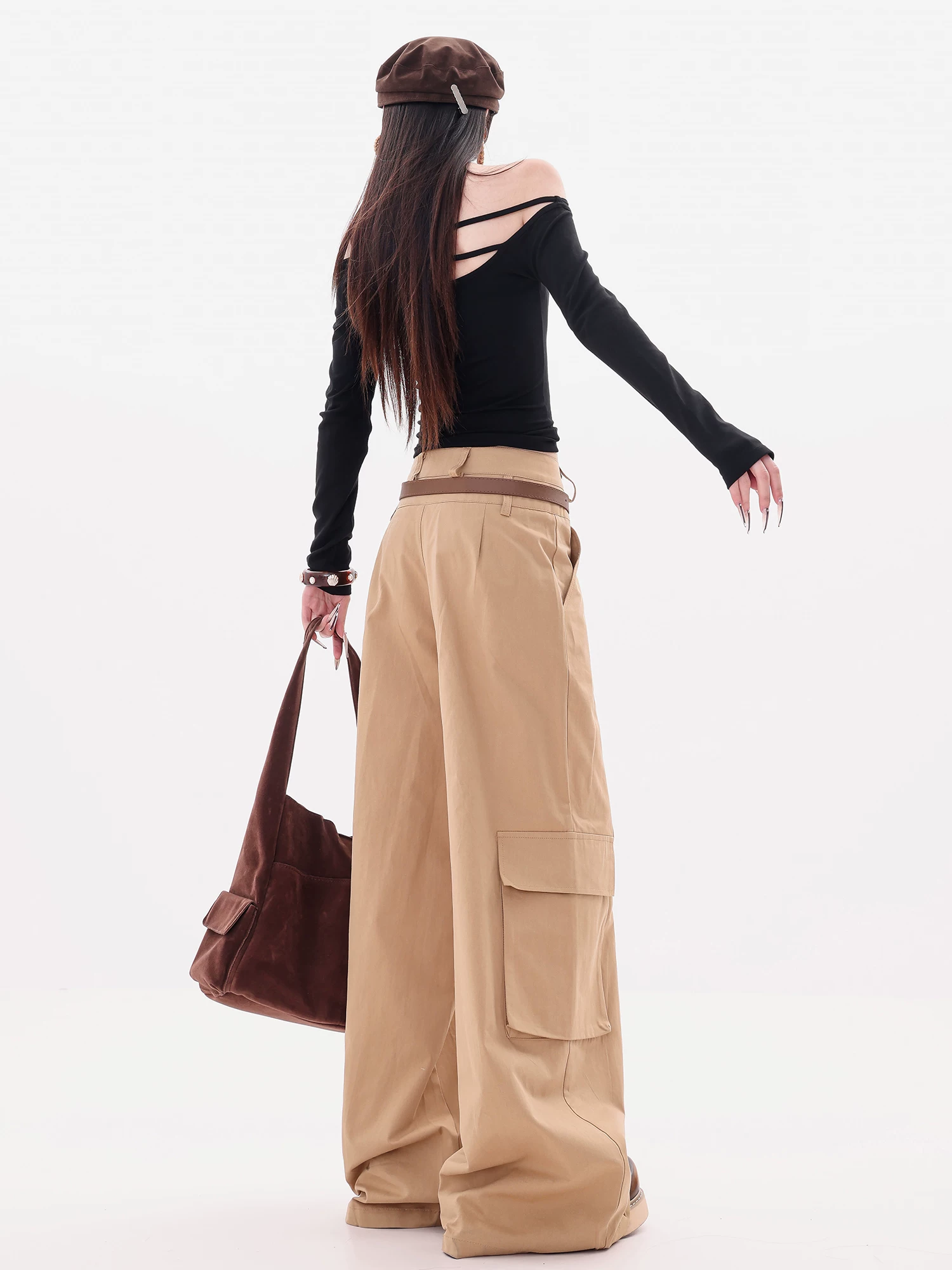 Phong cách đường phố lấy cảm hứng từ ABWLR - Quần ống rộng cạp cao phong cách Wasteland nguyên bản của Hàn Quốc dành cho nữ, quần cargo rộng rãi và tôn dáng