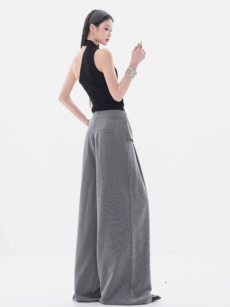 ABWEAR Urban Beauty - Quần thường ngày sọc xám nguyên bản dành cho nữ, thiết kế mùa hè mới, quần ống rộng dáng rộng