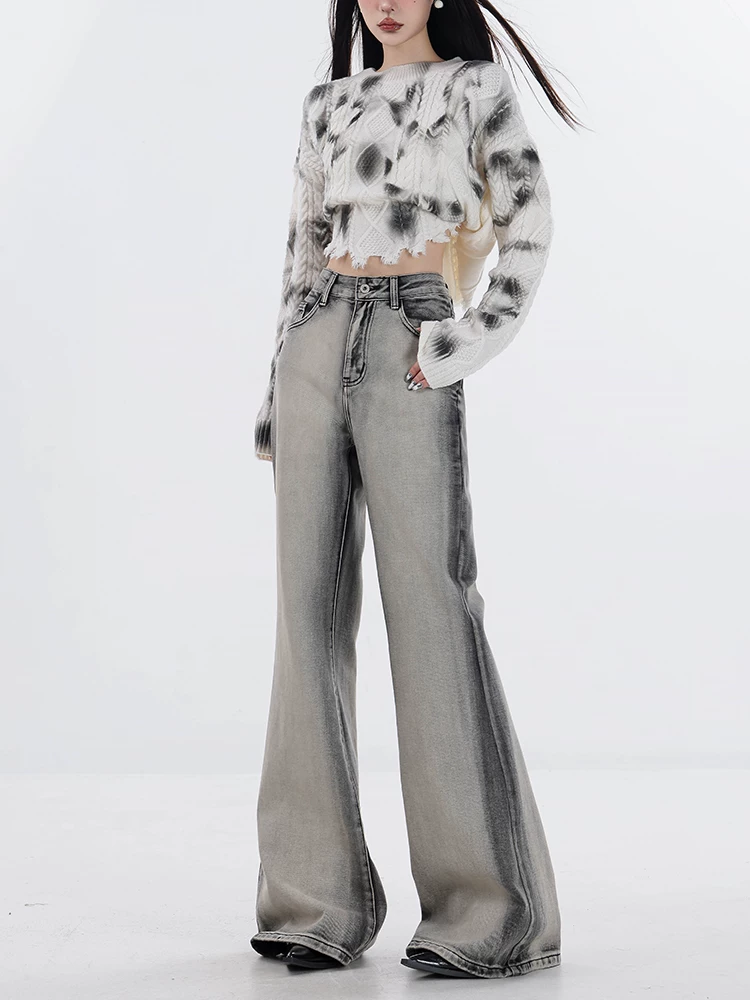 ABWAER Between the Real and the Illusory - Quần jean viền loe kiểu dáng ôm sát, màu ombre, chất liệu denim đã qua xử lý, dành cho nữ, kiểu dáng ôm sát, màu ombre