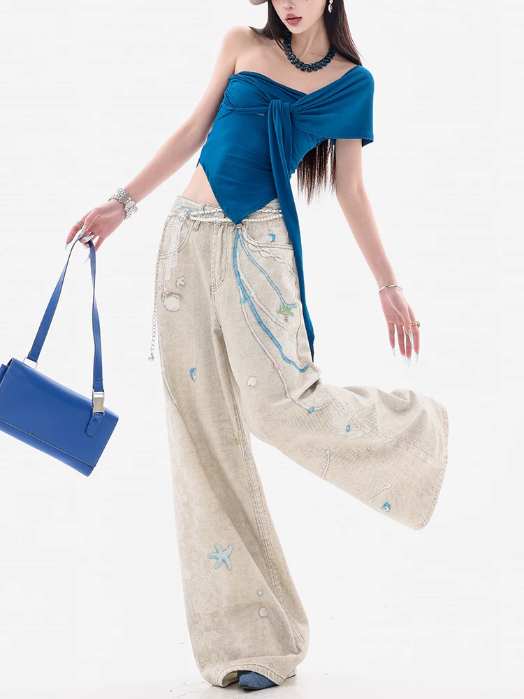 ABWEAR Wei Yi Sheng Xia - Quần jean in 3D công nghiệp nặng nguyên bản dành cho nữ, lưng cao, giảm béo, quần ống rộng, quần dài