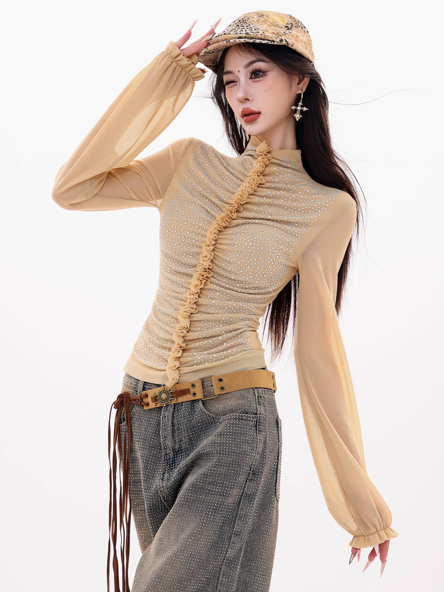 ABWLR Glittering Gold - Áo thun dài tay xếp ly bằng lưới đính đá nguyên bản dành cho nữ, Áo sơ mi dáng ôm vừa vặn mùa thu mới