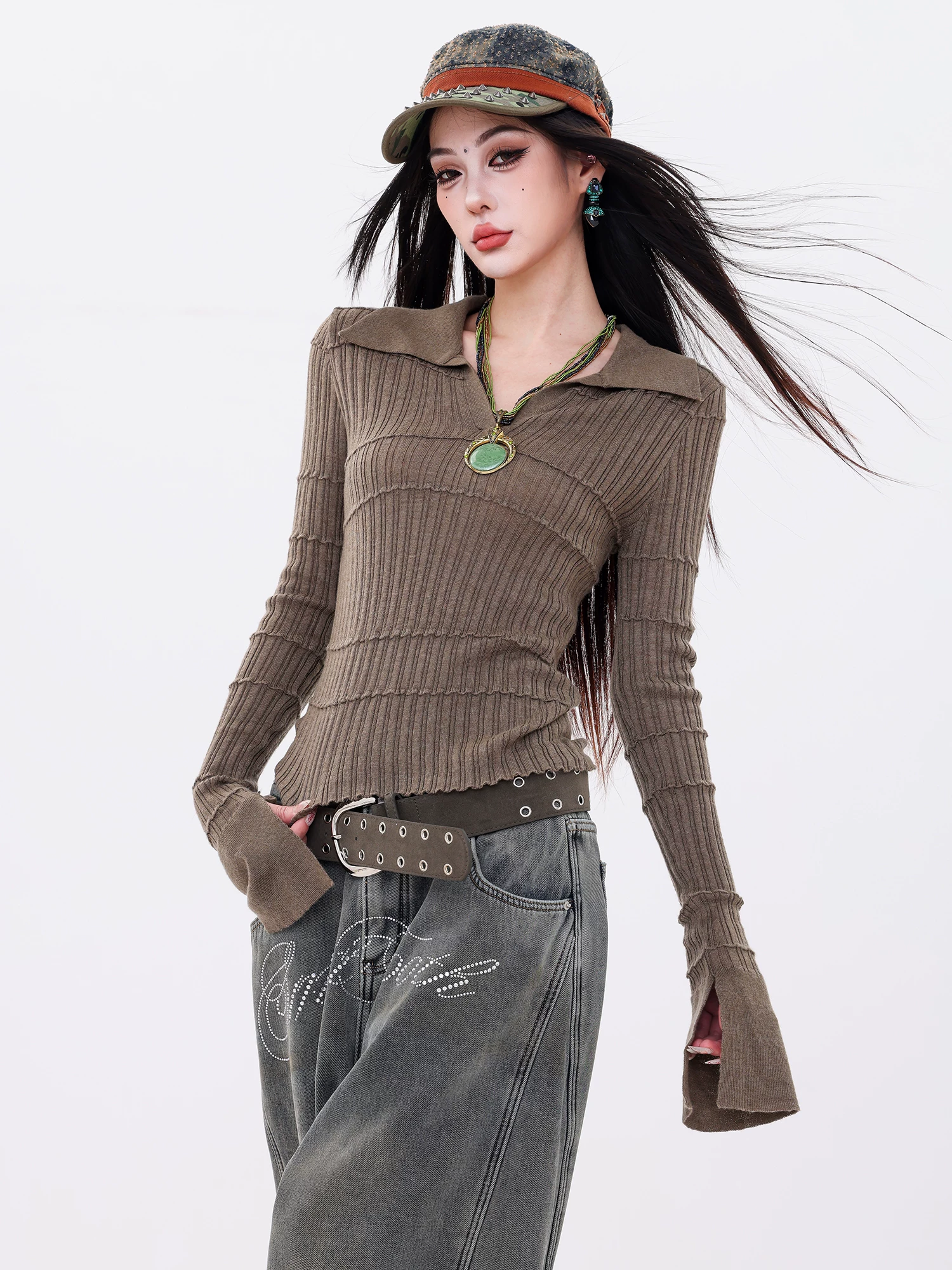 Nghệ thuật đan ABWLR - Áo dệt kim cổ POLO kiểu Mỹ nguyên bản dành cho nữ, áo sơ mi dài tay thiết kế ôm sát cơ thể
