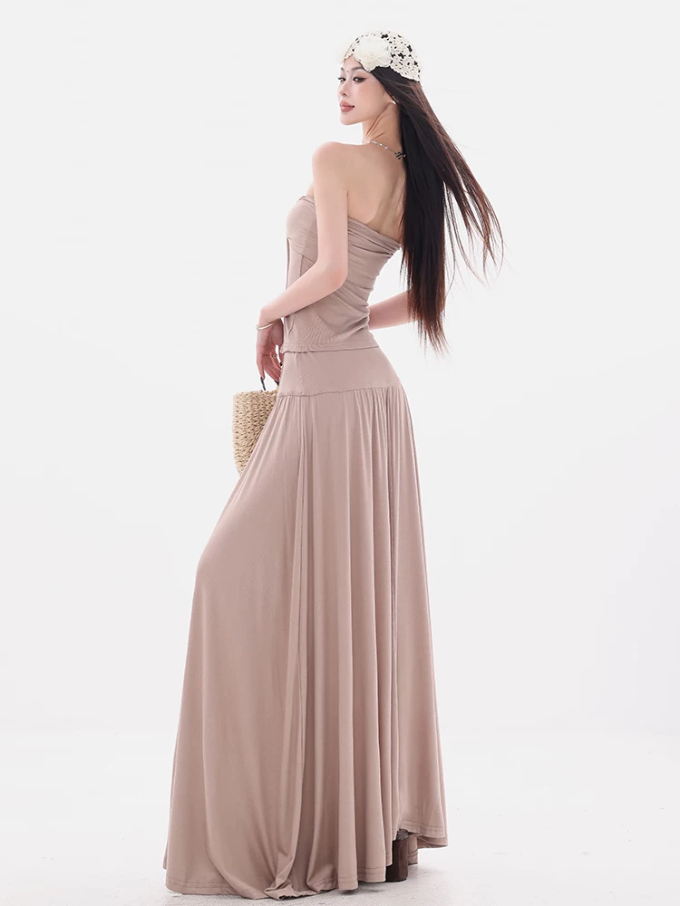 ABWEAR Holiday Chanson - Áo thun dài tay trễ vai phong cách Hàn Quốc nguyên bản với váy xếp nếp Bộ đồ hai mảnh dành cho nữ