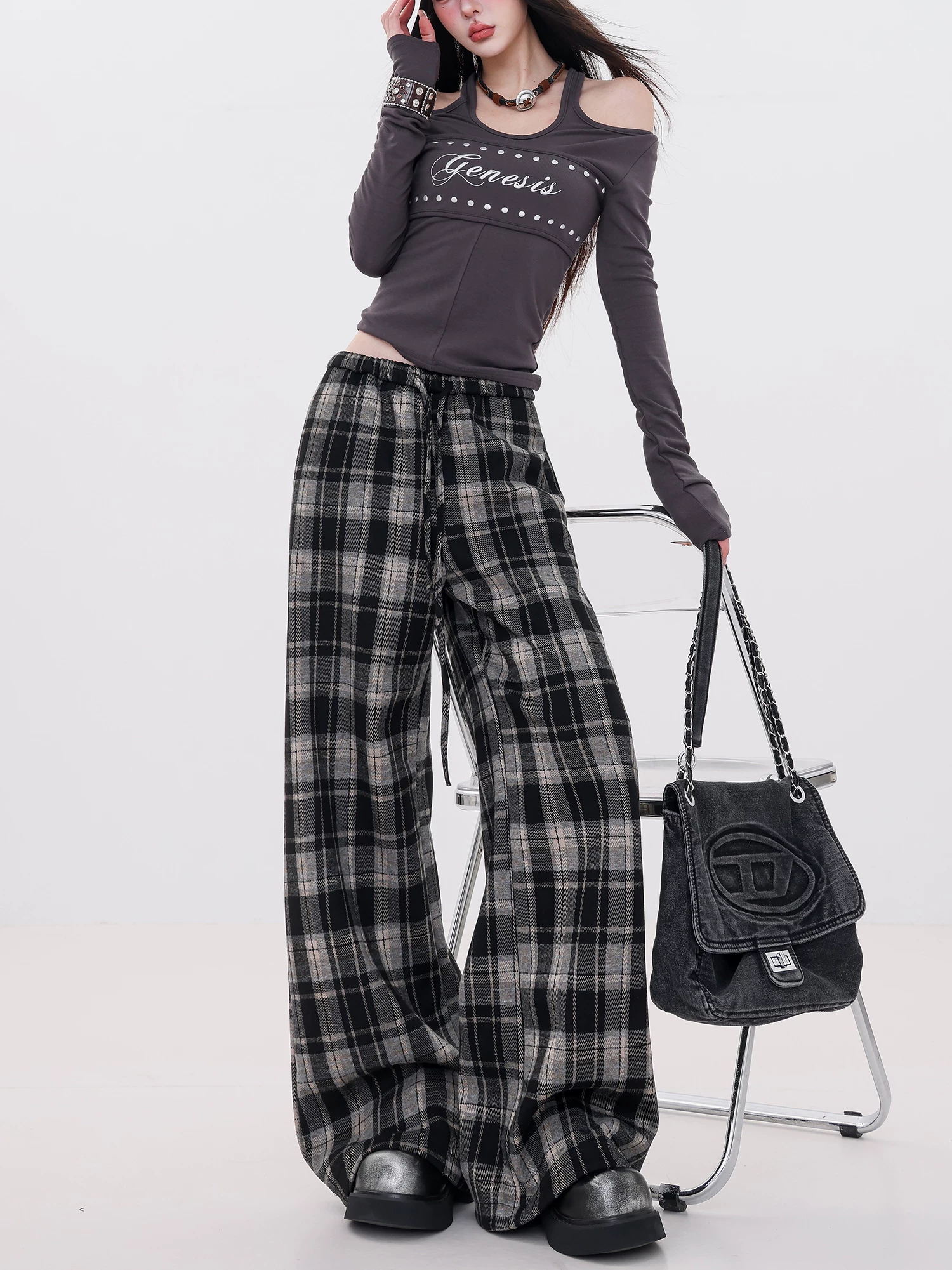 Quần ống rộng phong cách mùa đông ABWLR Velvet - Quần vải dạ kẻ ca rô lót lông cừu, kiểu dáng thường ngày dành cho nữ, mẫu mới 2025, đa năng, dáng thẳng