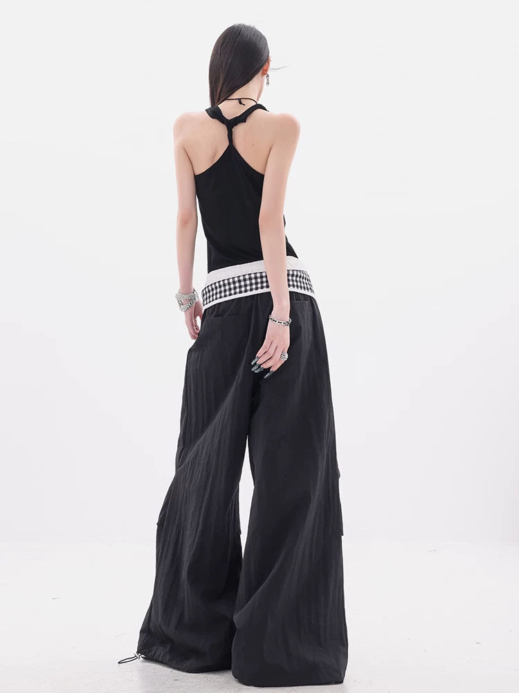 ABWEAR Color Narrative - Quần thường ngày có họa tiết kẻ sọc đôi nguyên bản dành cho nữ, quần ống rộng dáng rộng