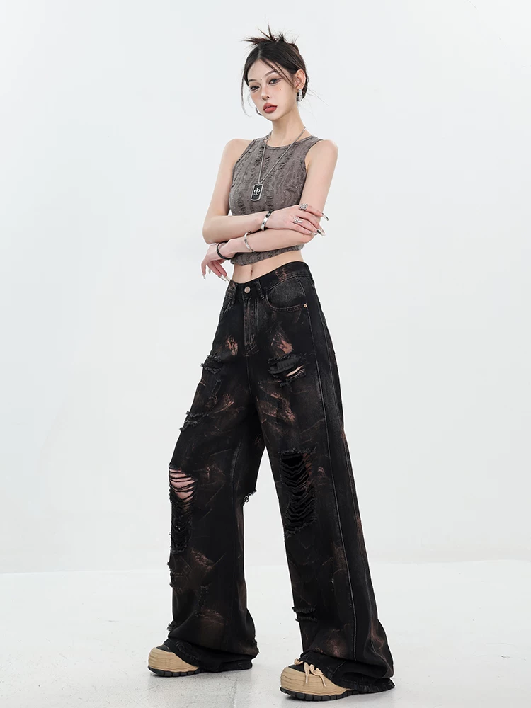 Quần jean rách kiểu cổ điển nặng bền, được xử lý làm cũ của ABWEAR dành cho nữ, quần ống rộng thẳng kiểu graffiti mùa hè mới