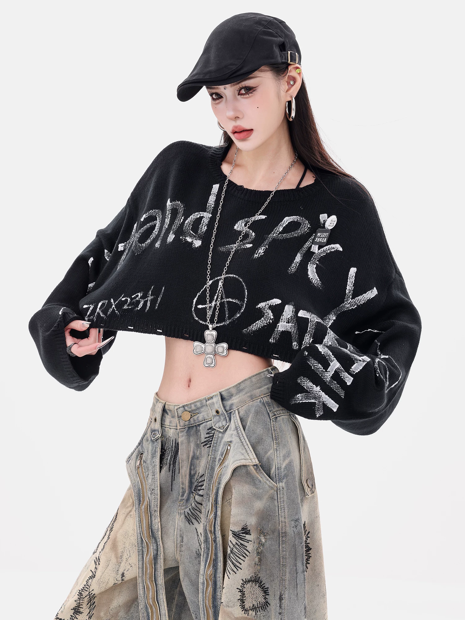 ABWEAR Letter Game - Trang phục đầu thu nguyên bản Áo len dệt kim Graffiti Áo len dài tay dáng rộng dành cho nữ