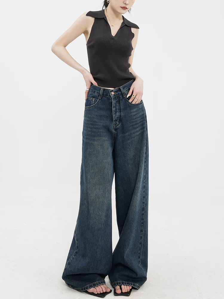Quần jeans ống rộng dáng thẳng lót nhung tối màu phong cách retro thu đông ABWEAR dành cho nữ 2025, kiểu dáng mới, rộng rãi, dài chấm đất