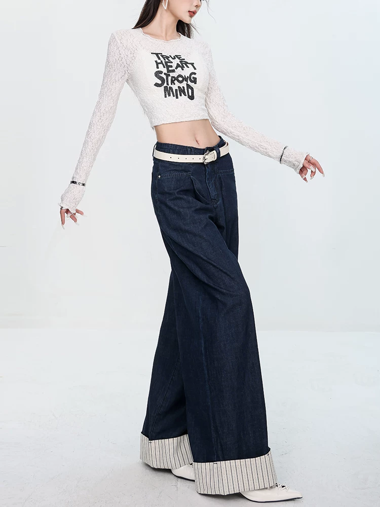 Quần Jean ABWEAR Phong Cách Vintage Mới 2024 Kết Hợp Vải Nhiều Màu, Viền Cuộn Và Ống Rộng Sọc Cho Nữ