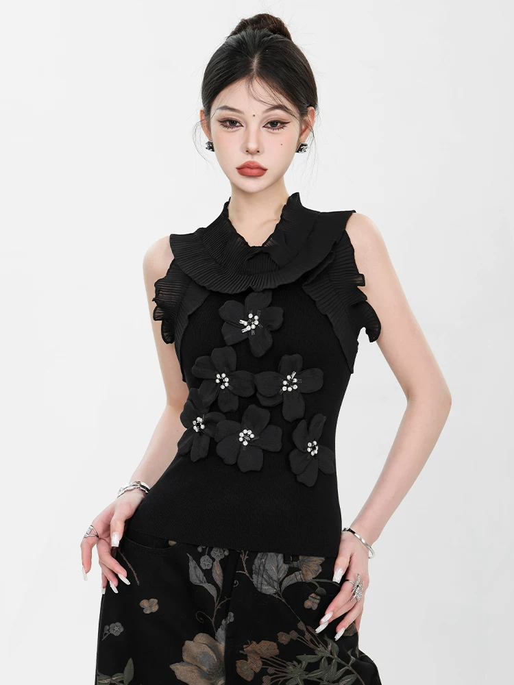 Áo thun nữ ba chiều họa tiết hoa mới của ABWEAR, thiết kế thời trang với viền xếp nếp, áo vest dệt kim không tay