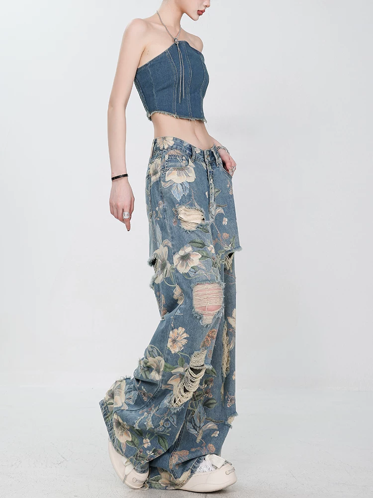 ABWEAR quần jean rách in họa tiết cổ điển kiểu Mỹ mùa hè mới dành cho nữ, quần ống rộng dài đến sàn, dáng rộng
