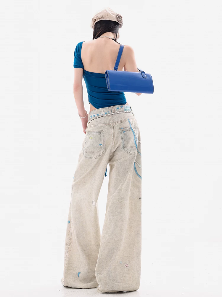 ABWEAR Wei Yi Sheng Xia - Quần jean in 3D công nghiệp nặng nguyên bản dành cho nữ, lưng cao, giảm béo, quần ống rộng, quần dài
