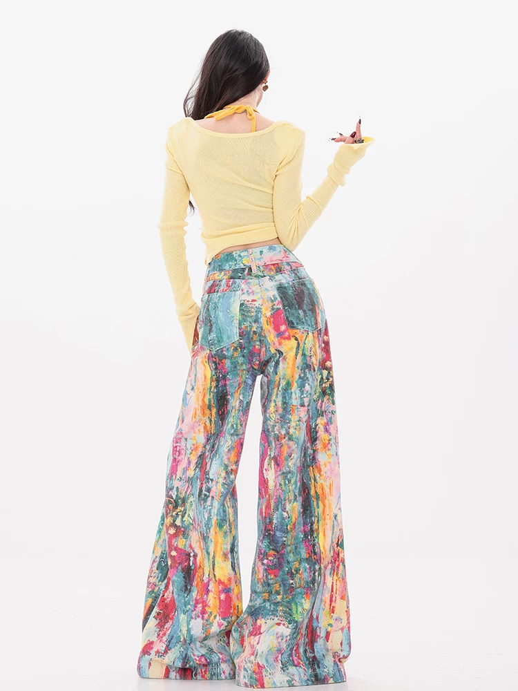 Quần jeans nữ ABWEAR họa tiết màu sơn gốc, họa tiết bắn mực, tranh sơn dầu, mùa thu/đông 2025, kiểu dáng ống rộng