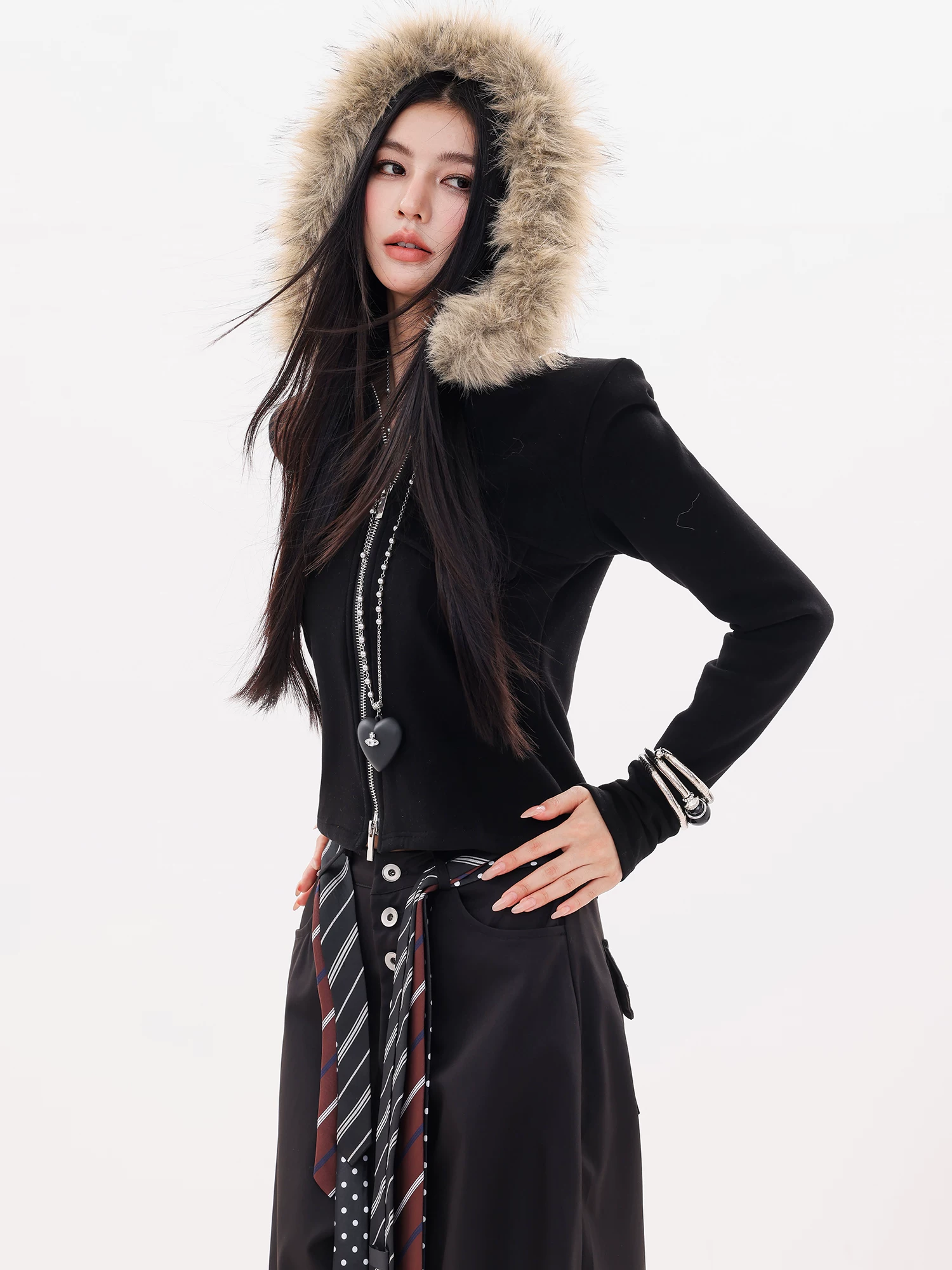ABWLR Snowy Realm - Áo len dệt kim có mũ trùm đầu có cổ lông nguyên bản dành cho nữ, áo kiểu dáng ôm vừa vặn mới dành cho mùa thu đông.
